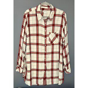 Ava & Viv Shirt Womens 2X White Red Plaid Button Roll Tab Sleeve Soft Sleep Top